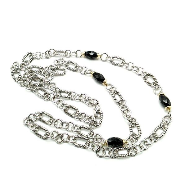 Black Acrylic Faceted Beaded Silver-tone Figaro Chain Necklace - Picture 10 of 15